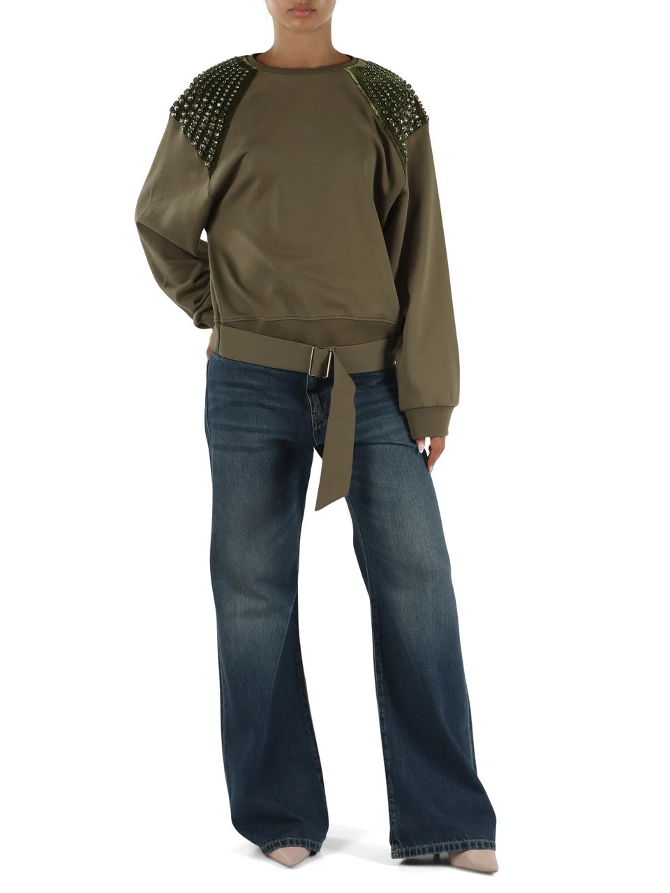 VERDE MILITARE | Felpa OCTAVIA con pietre applicate