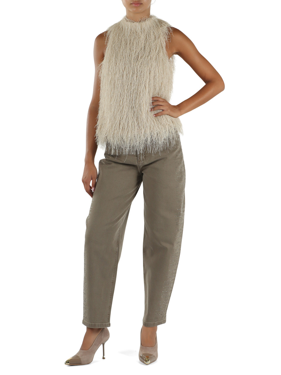 BEIGE | Top fluffy in tessuto sfrangiato