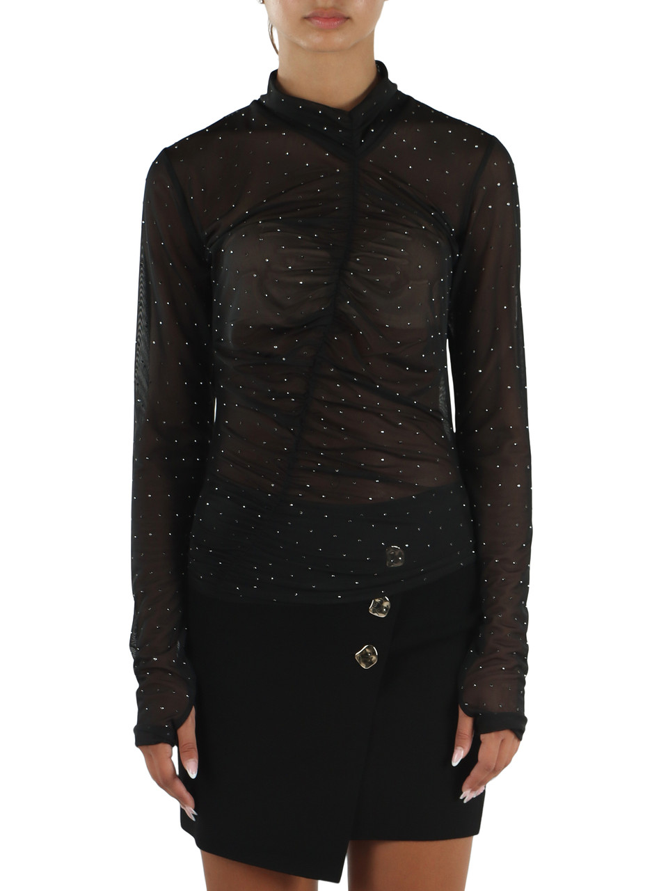 NERO | Top in tulle drappeggiato con strass