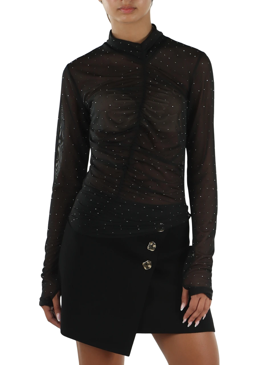 NERO | Top in tulle drappeggiato con strass