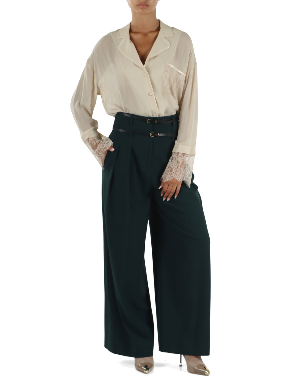 BEIGE | Camicia in georgette di viscosa con inserti in pizzo