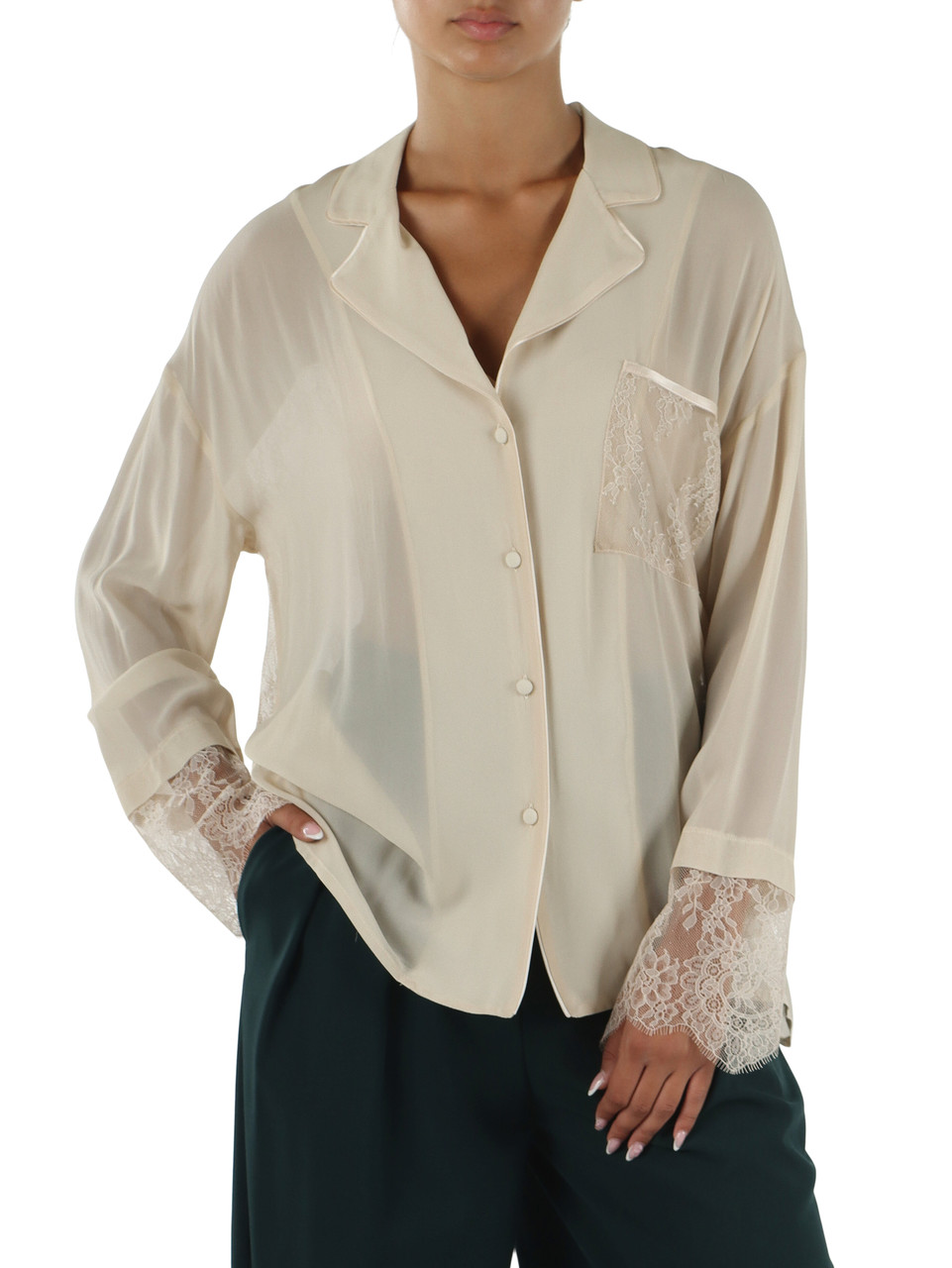 BEIGE | Camicia in georgette di viscosa con inserti in pizzo