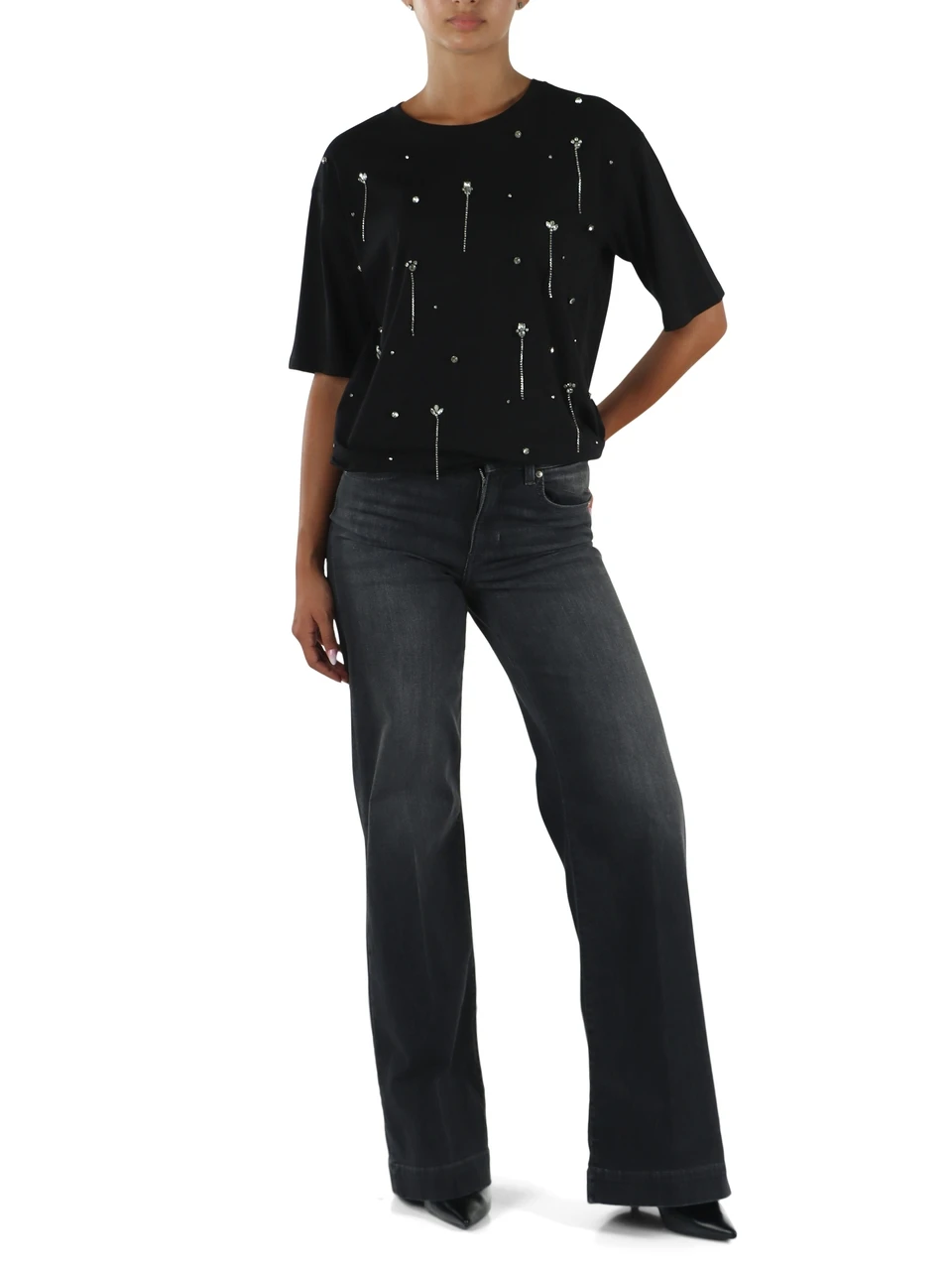 NERO | T-shirt boxy fit in cotone con strass