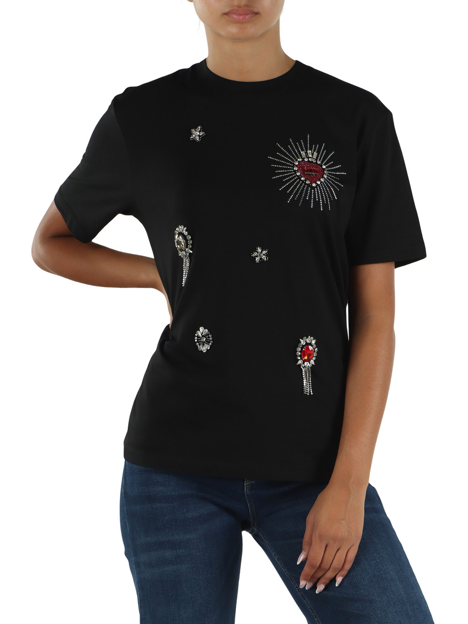 NERO | T-shirt regular fit in cotone con pietre applicate