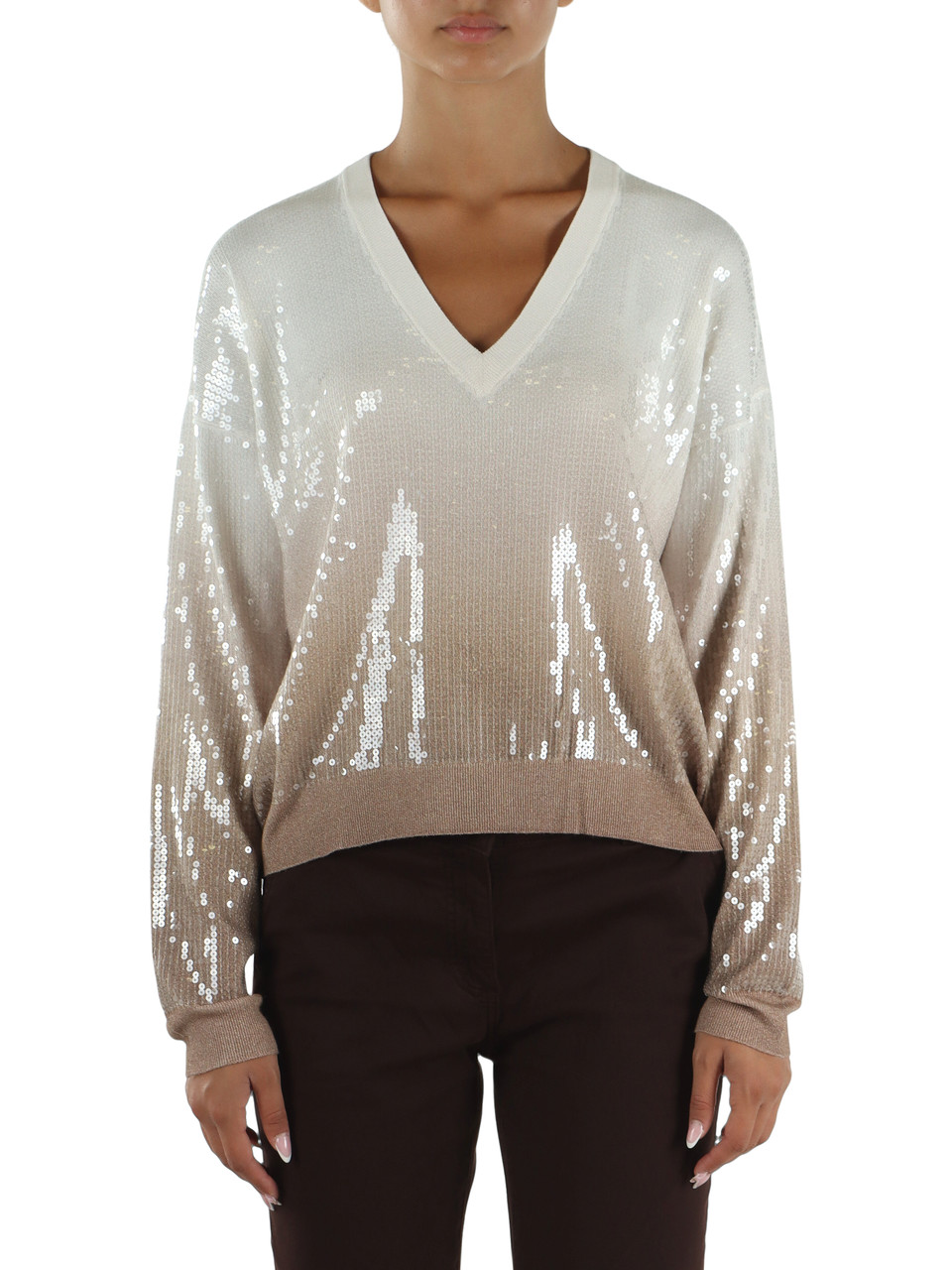 bianco/beige | Maglia collo a V in misto viscosa con paillettes