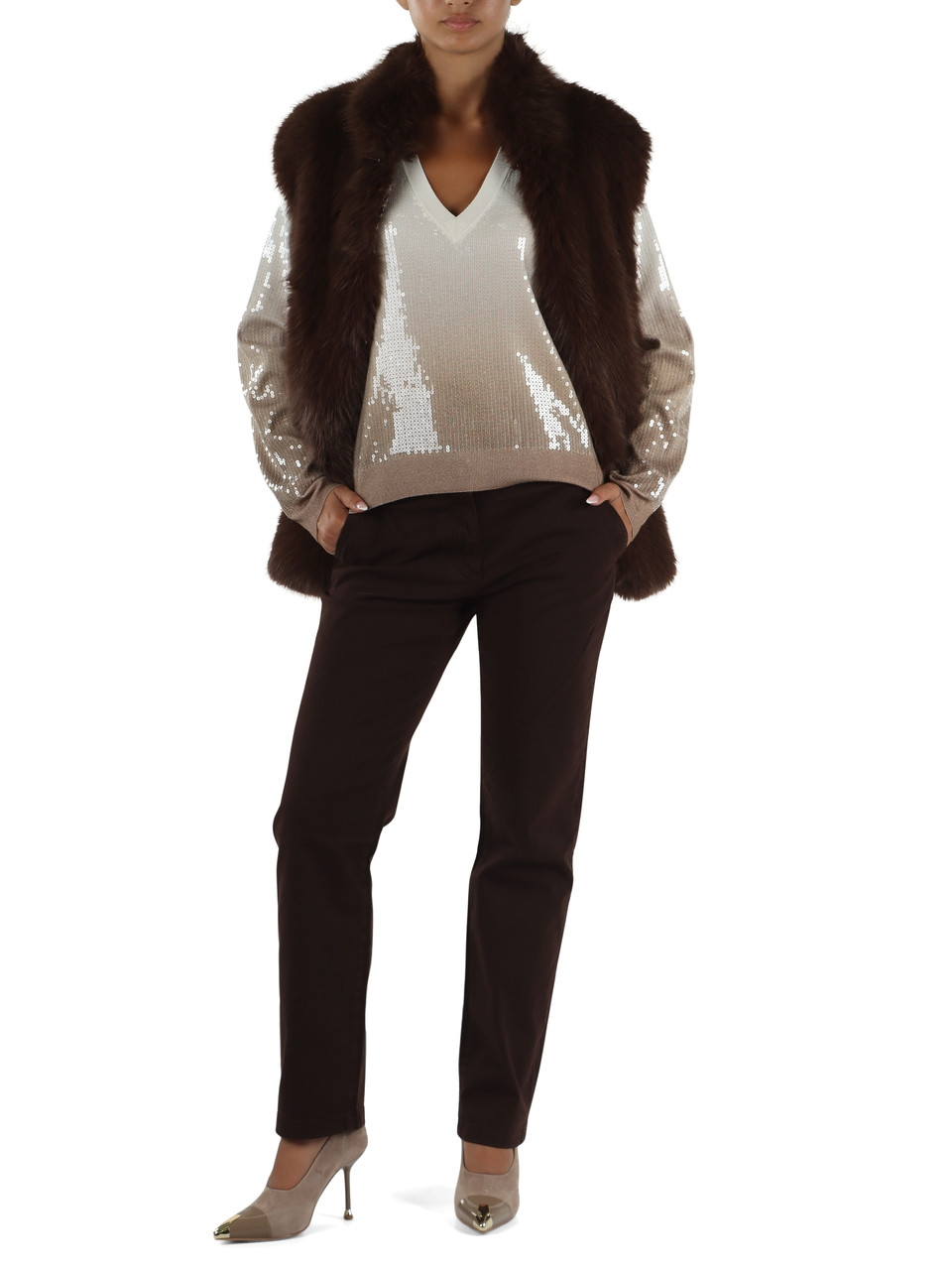 bianco/beige | Maglia collo a V in misto viscosa con paillettes