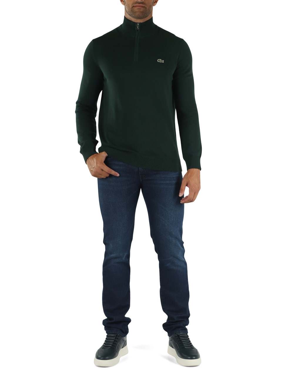 VERDE SCURO | Maglia collo a zip regular fit in cotone