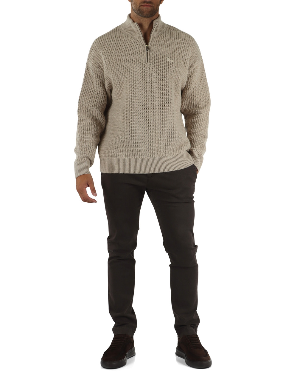 BEIGE | Zip-Kragen Pullover in Relaxed Fit aus Wollmischung