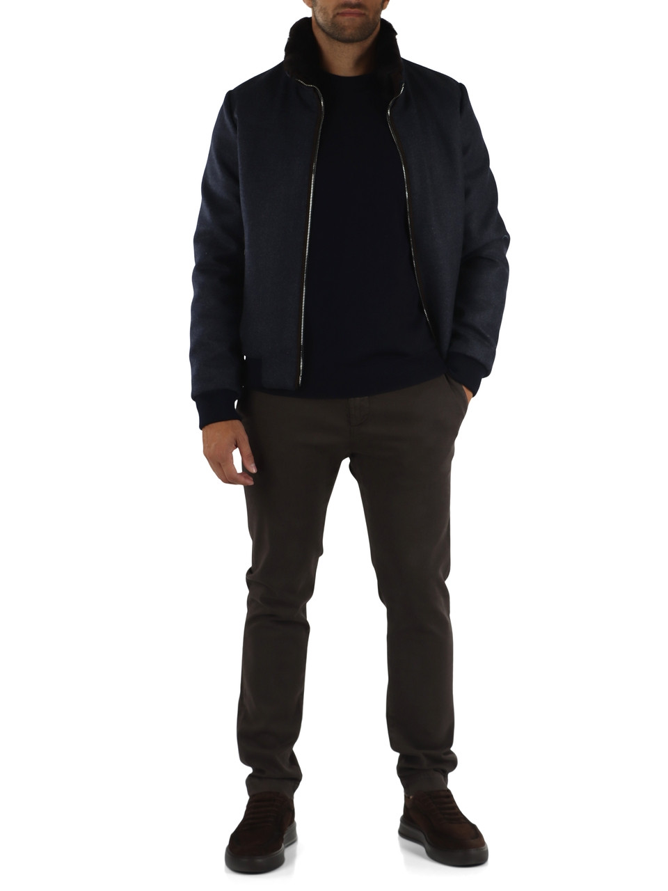 Dunkelblau | Regular-Fit Pullover aus Wolle mit Rundhalsausschnitt