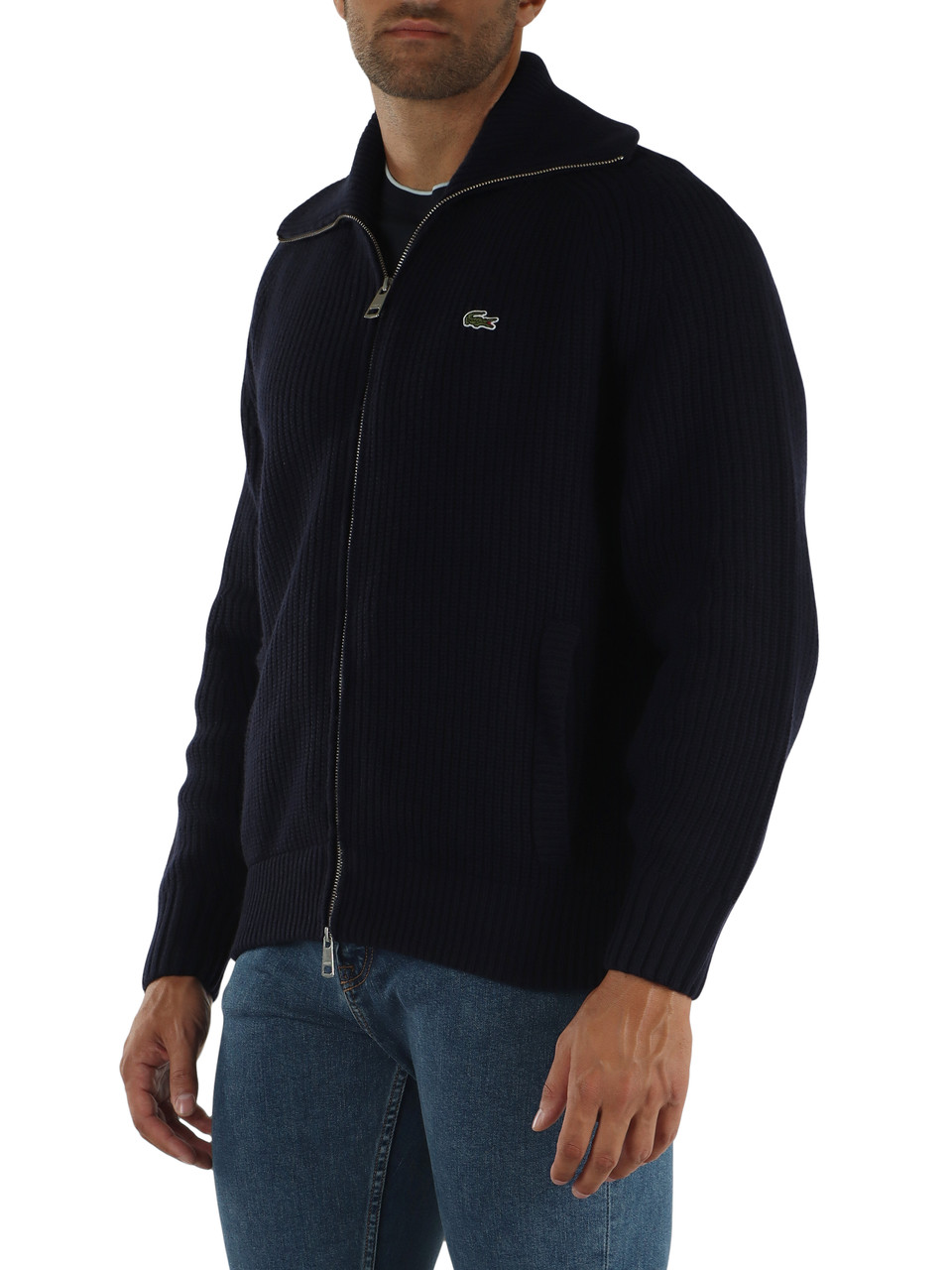 BLU SCURO | Cardigan a costa inglese con zip in lana
