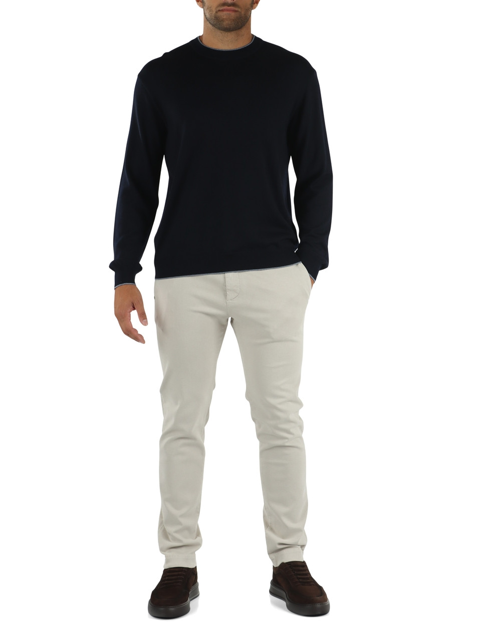 BLU SCURO | Maglia girocollo in lana vergine e lyocell
