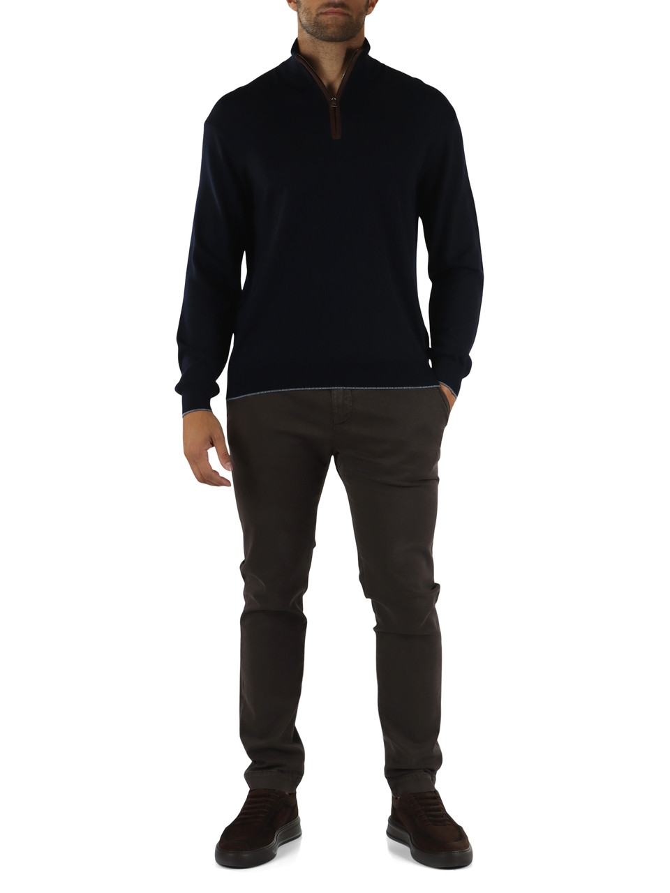 BLU SCURO | Maglia collo a zip in lana vergine e lyocell