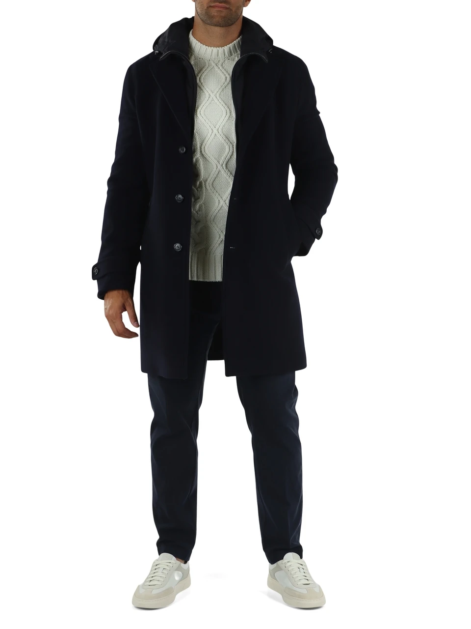 BLU SCURO | Cappotto in lana vergine con pettorina rimovibile