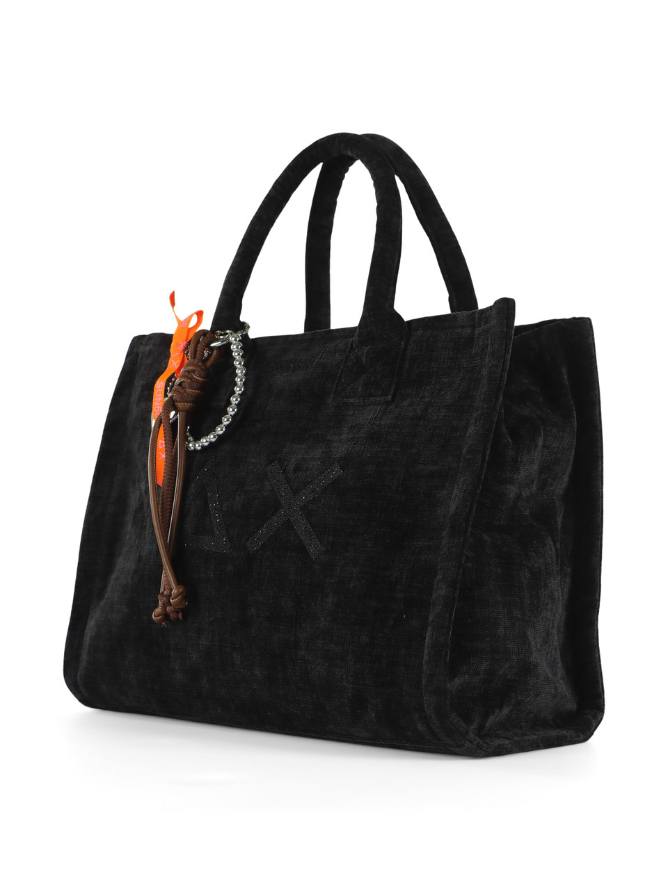 NERO | Borsa tote in velluto CALI Midi con stampa logo glitterata