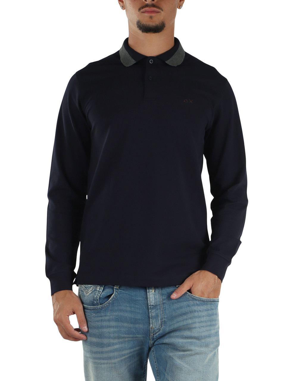 BLU SCURO | Polo manica lunga in cotone piquet con inserti a contrasto