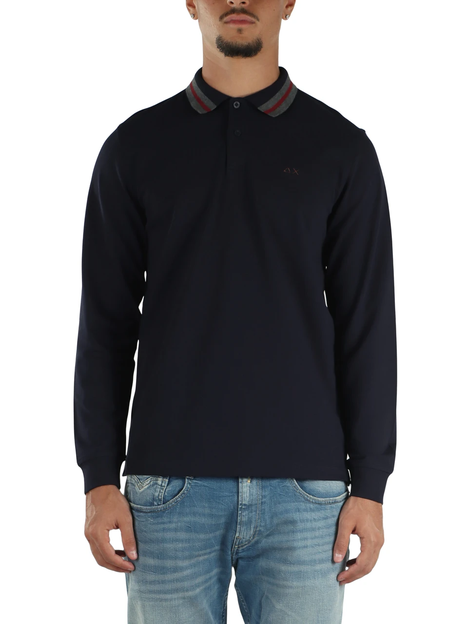 BLU SCURO | Polo manica lunga in cotone piquet con dettagli a contrasto