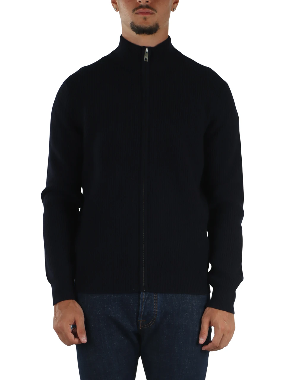 BLU SCURO | Cardigan a costine con zip in misto lana merino e cashmere