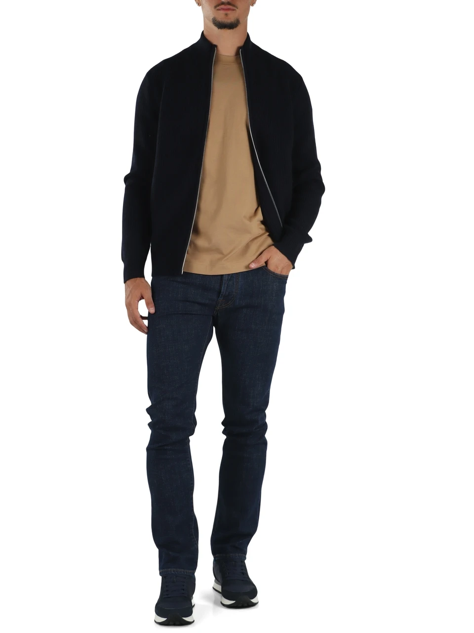 BLU SCURO | Cardigan a costine con zip in misto lana merino e cashmere