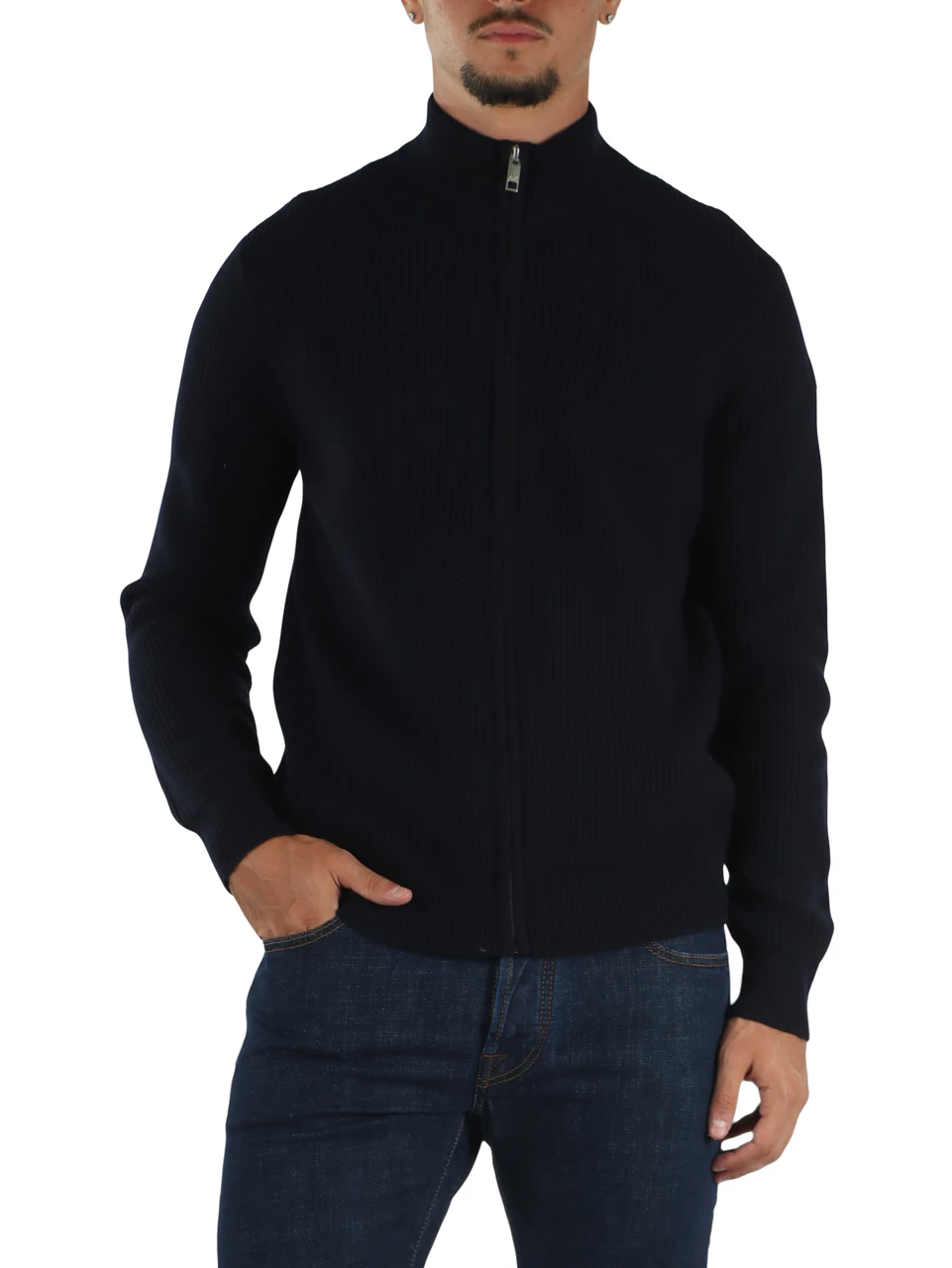 BLU SCURO | Cardigan a costine con zip in misto lana merino e cashmere