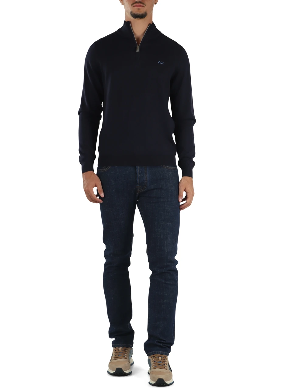 BLU SCURO | Maglia mezza zip in lana merino e cotone