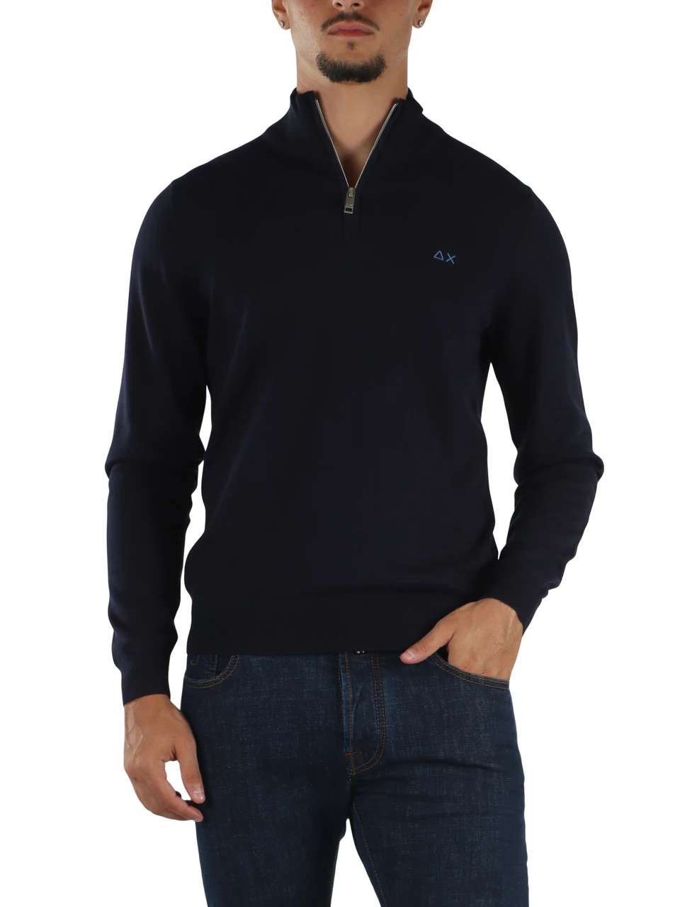 BLU SCURO | Maglia mezza zip in lana merino e cotone