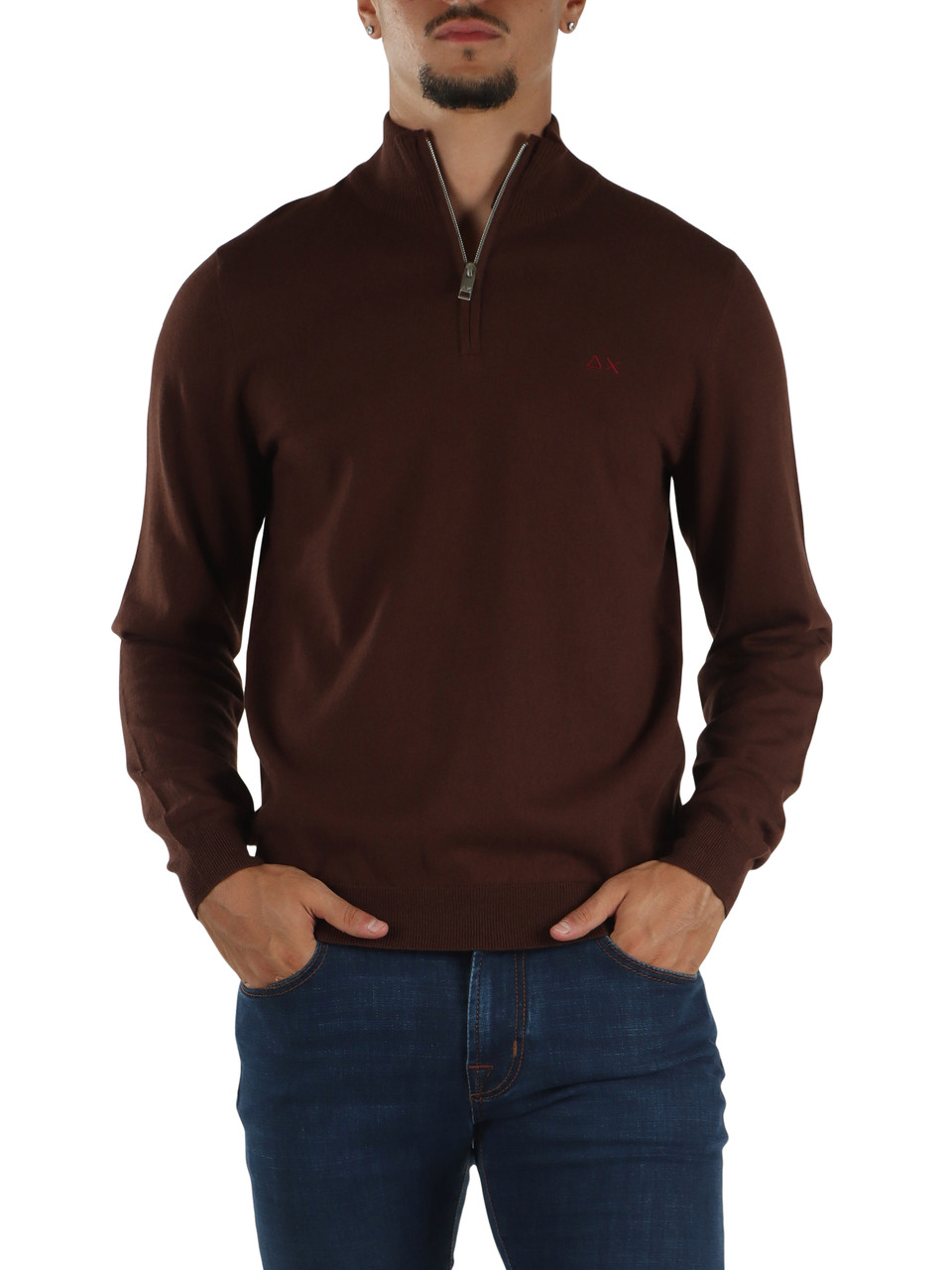 MARRONE | Maglia mezza zip in lana merino e cotone