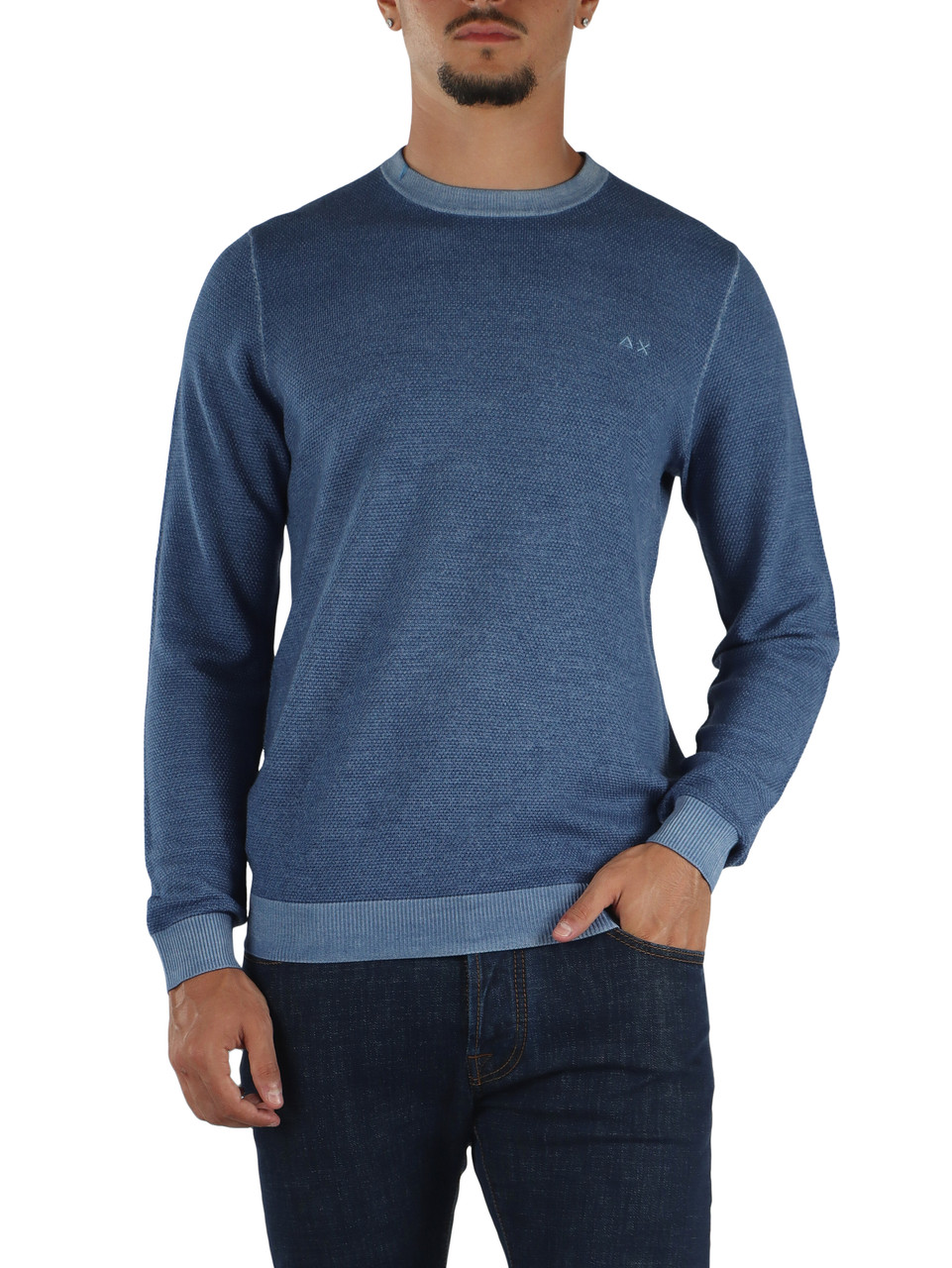 AZZURRO | Maglia girocollo in lana merino punto riso