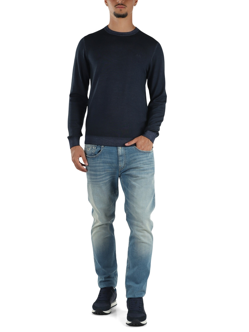 BLU | Maglia girocollo in lana merino effetto vintage