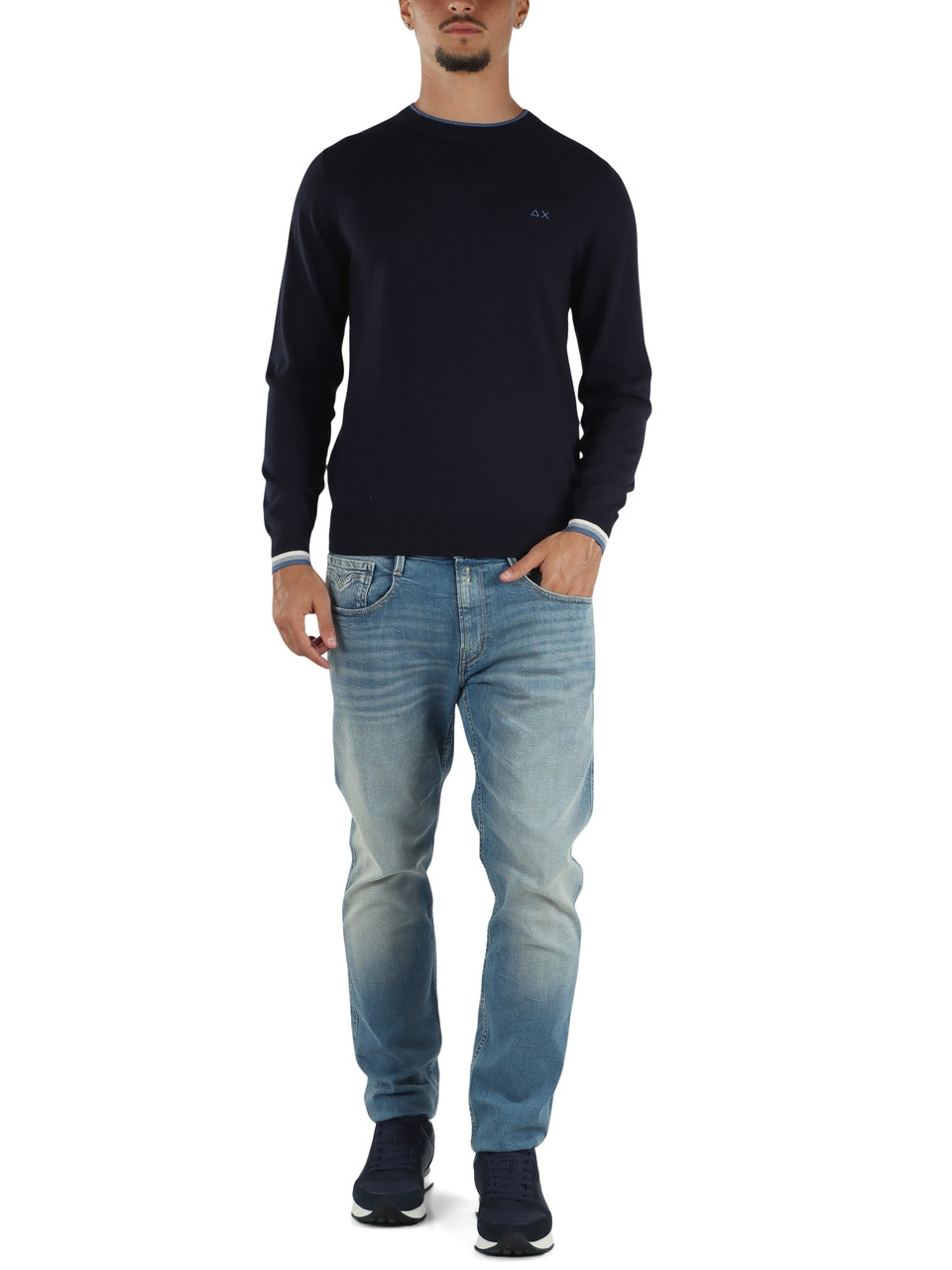 BLU SCURO | Maglia girocollo in lana merino e cotone