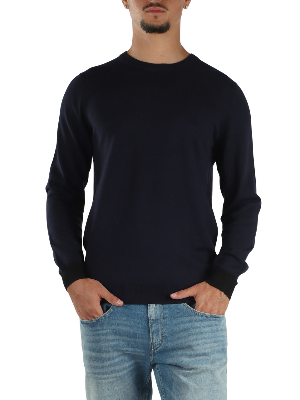 BLU SCURO | Maglia in lana merino e cotone con inserti a contrasto