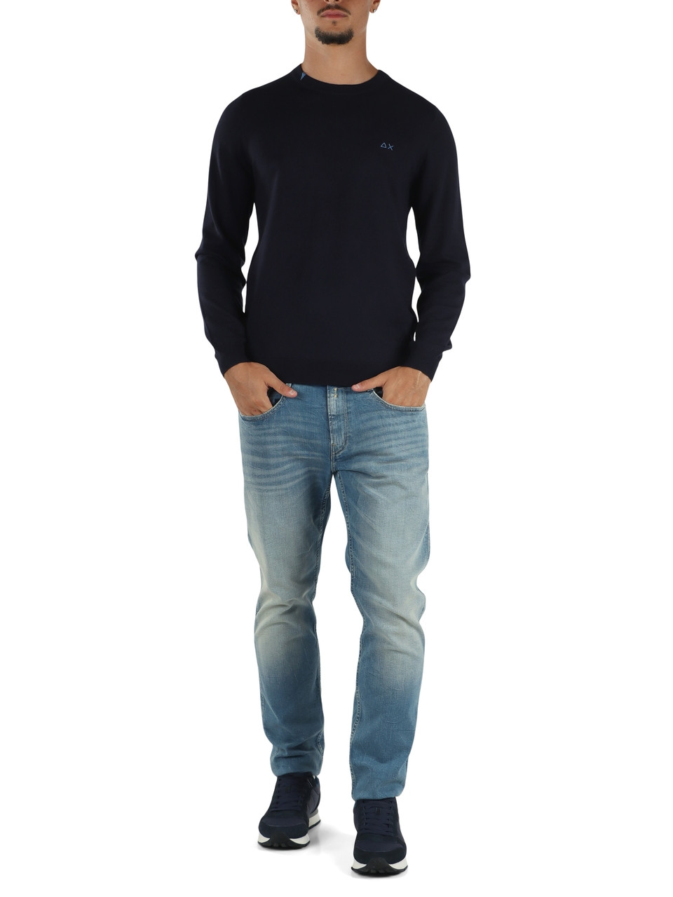 BLU SCURO | Maglia girocollo in lana merino e cotone