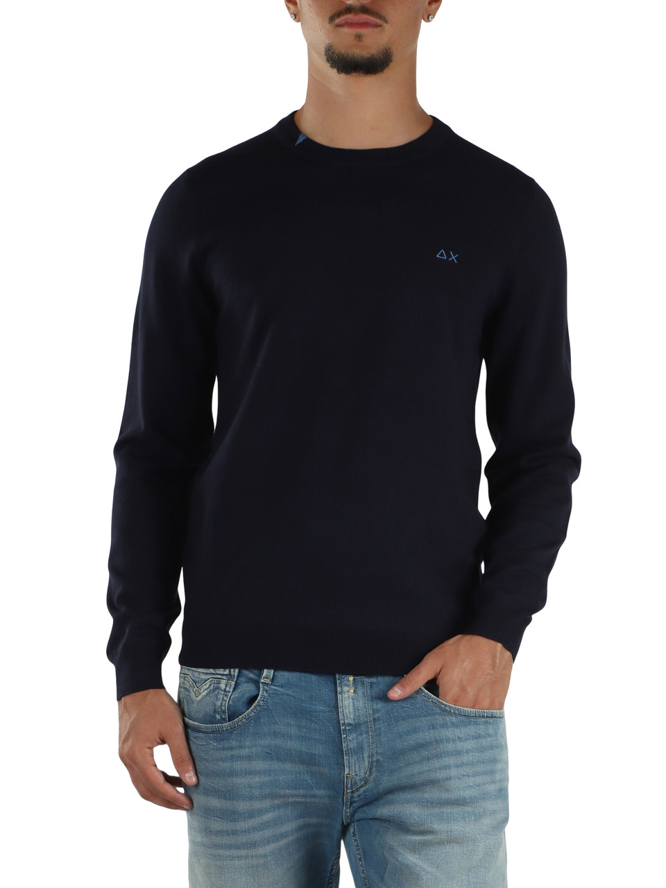 BLU SCURO | Maglia girocollo in lana merino e cotone
