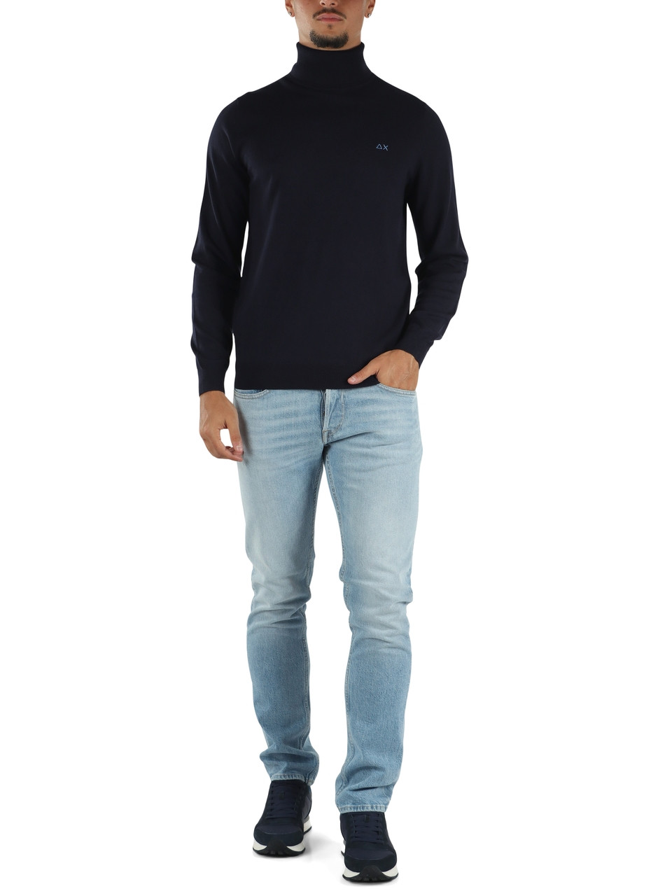 BLU SCURO | Maglia collo alto in lana merino e cotone