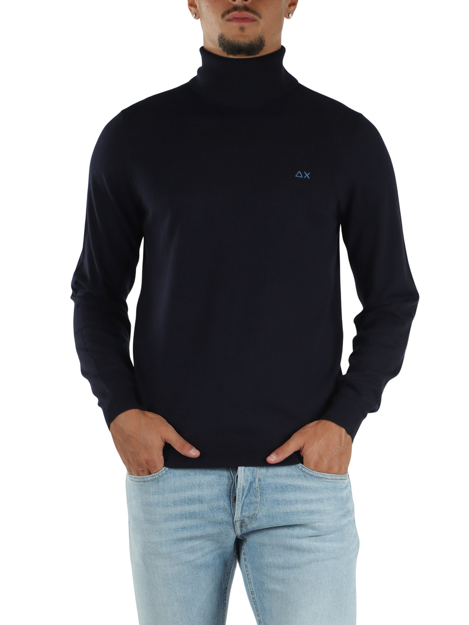 BLU SCURO | Maglia collo alto in lana merino e cotone