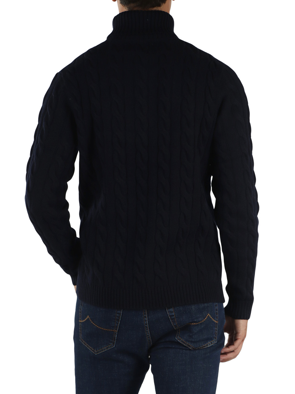 BLU SCURO | Maglia collo alto a trecce in misto lana merino e cashmere