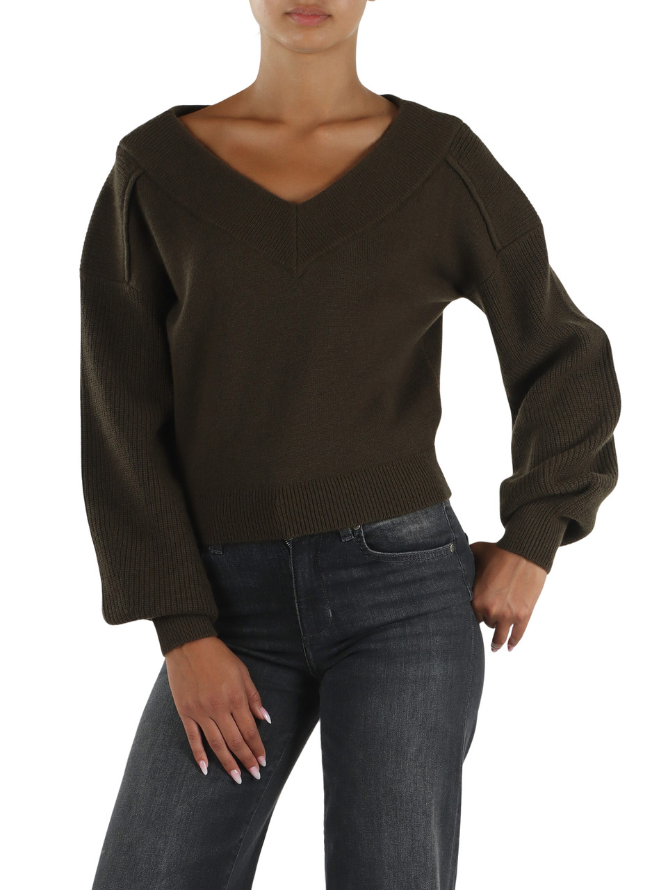 VERDE MILITARE | Maglia collo a V cropped in lana RINGHIO