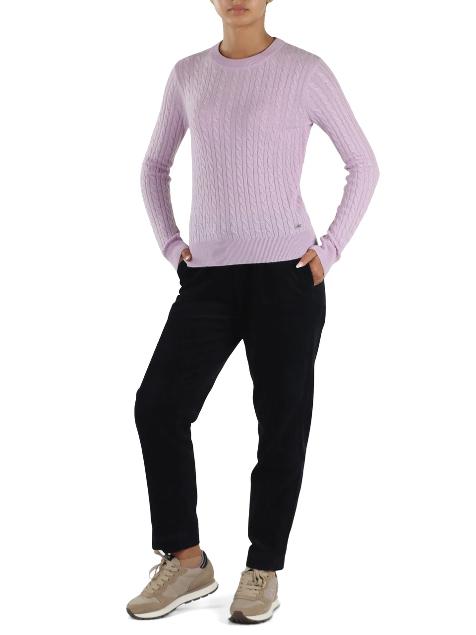 VIOLA CHIARO | Maglia girocollo a trecce in lana merino e cashmere