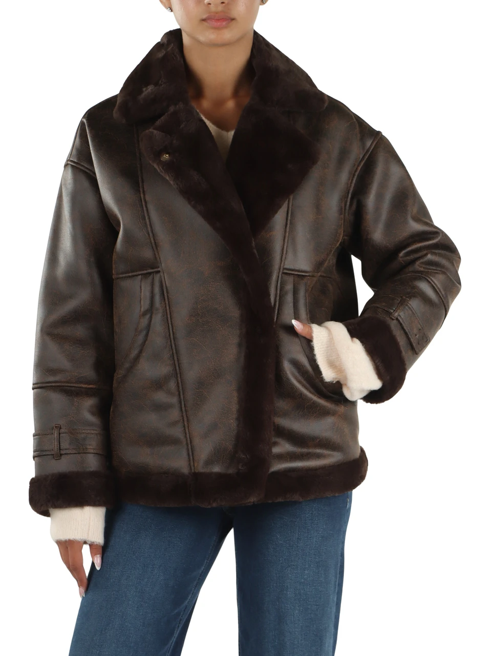 MARRONE | Giacca effetto pelle con interno in ecopelliccia