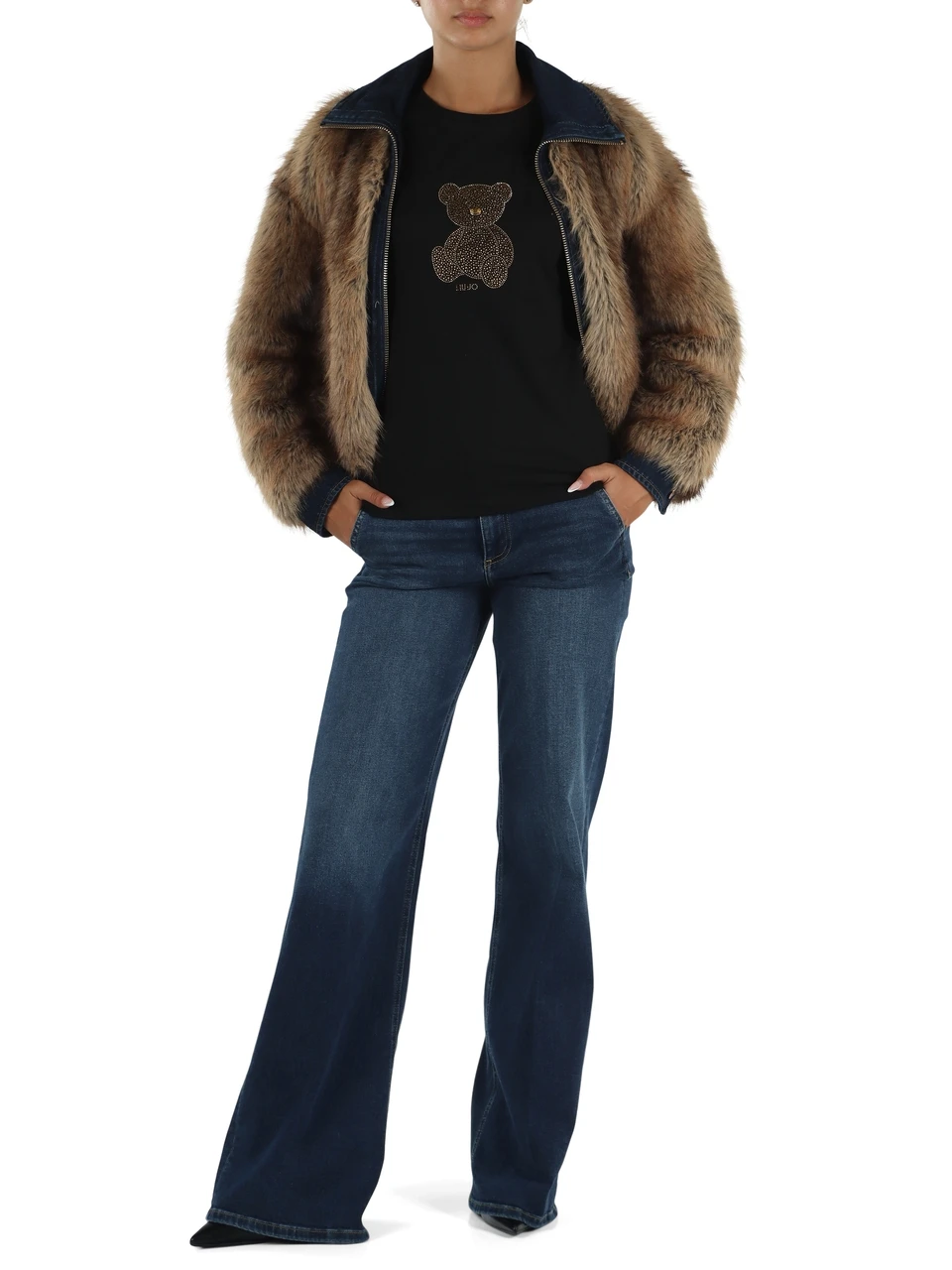 MARRONE CHIARO | Giacca in ecopelliccia e denim