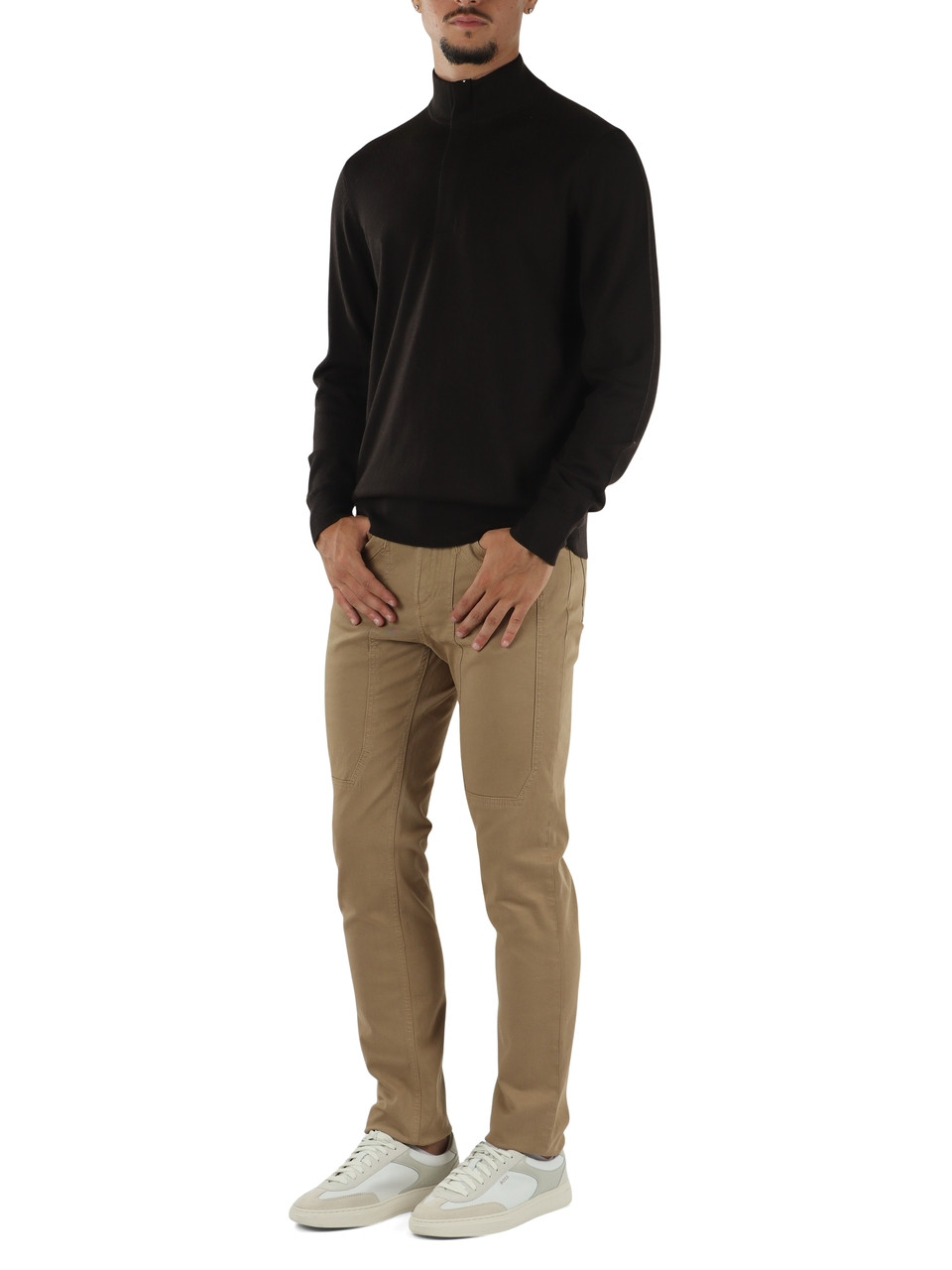 MARRONE | Maglia collo a zip in lana merino extrafine