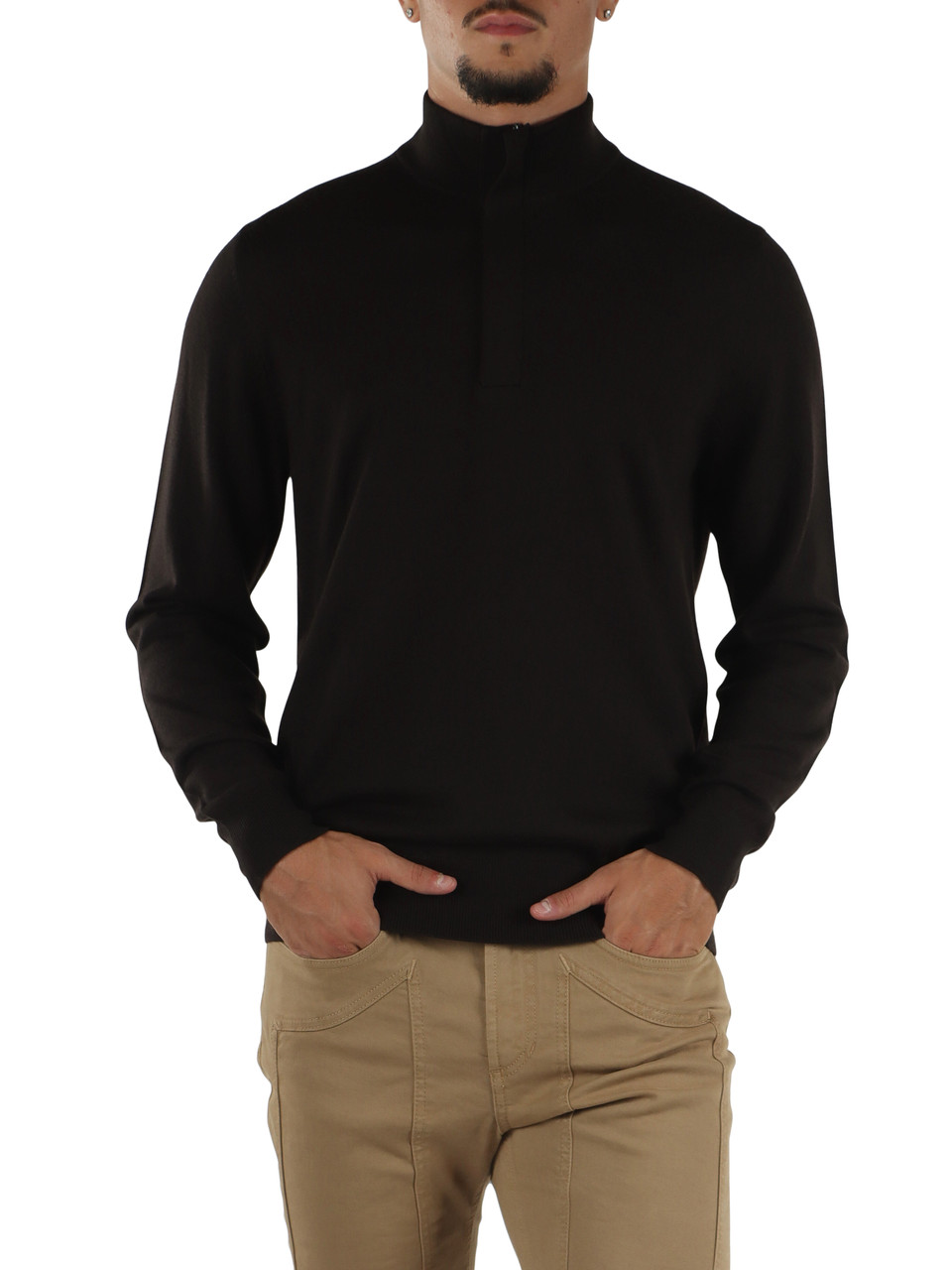 MARRONE | Maglia collo a zip in lana merino extrafine