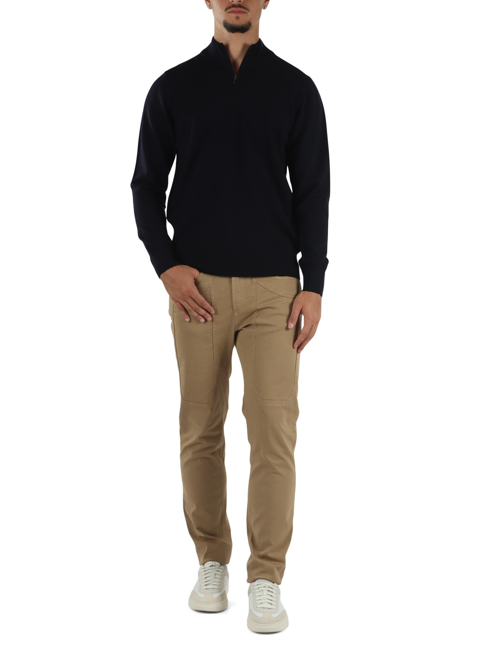 BLU SCURO | Maglia collo a zip in lana e cashmere