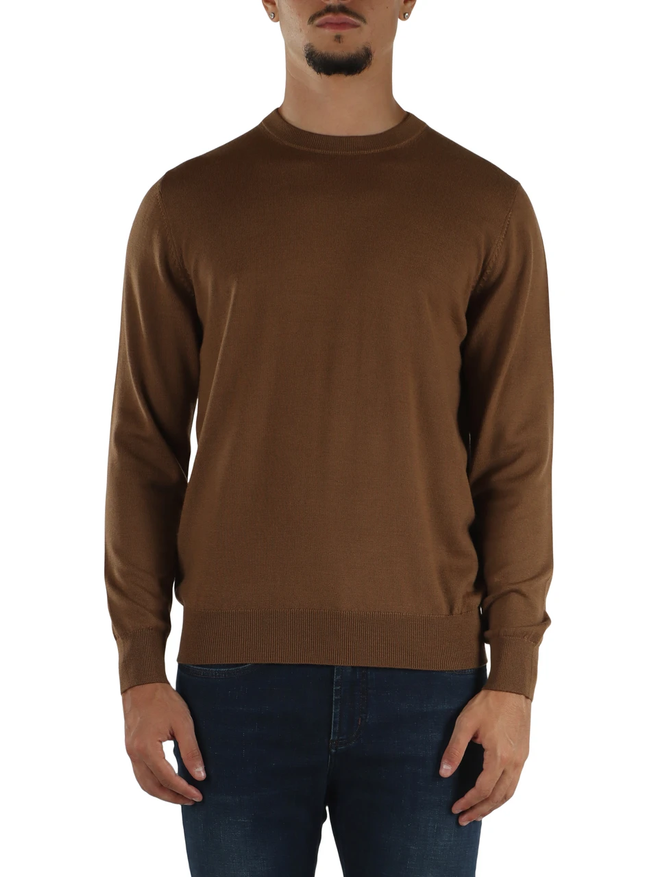 MARRONE CHIARO | Maglia girocollo in lana merino extrafine