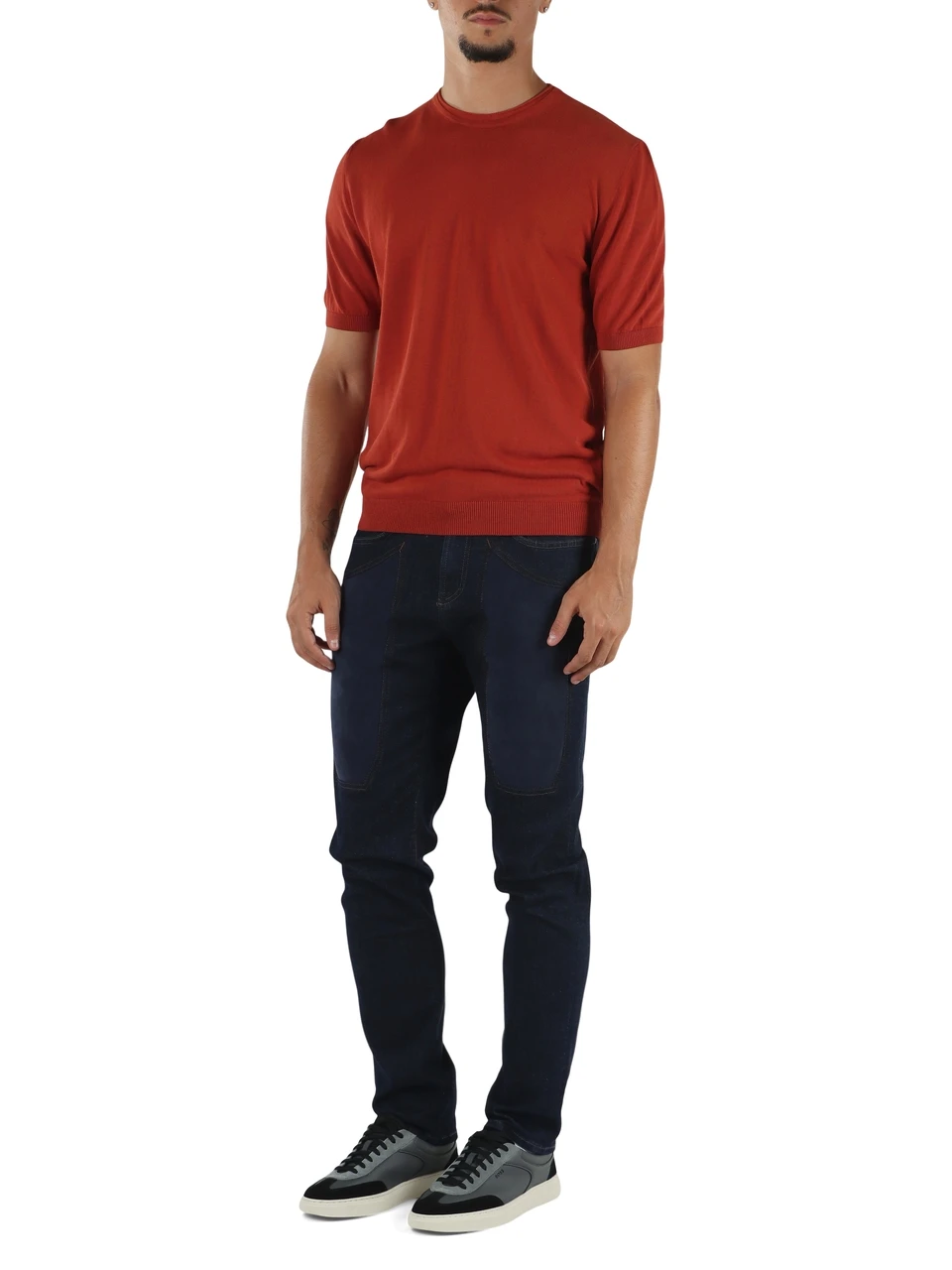 BLU SCURO | Pantalone jeans JOHN slim fit con toppe in alcantara