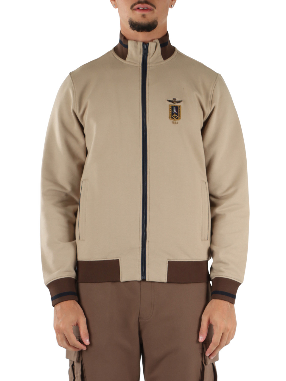 BEIGE | Regular Fit Sweatshirt mit Reißverschluss und Logo-Stickerei