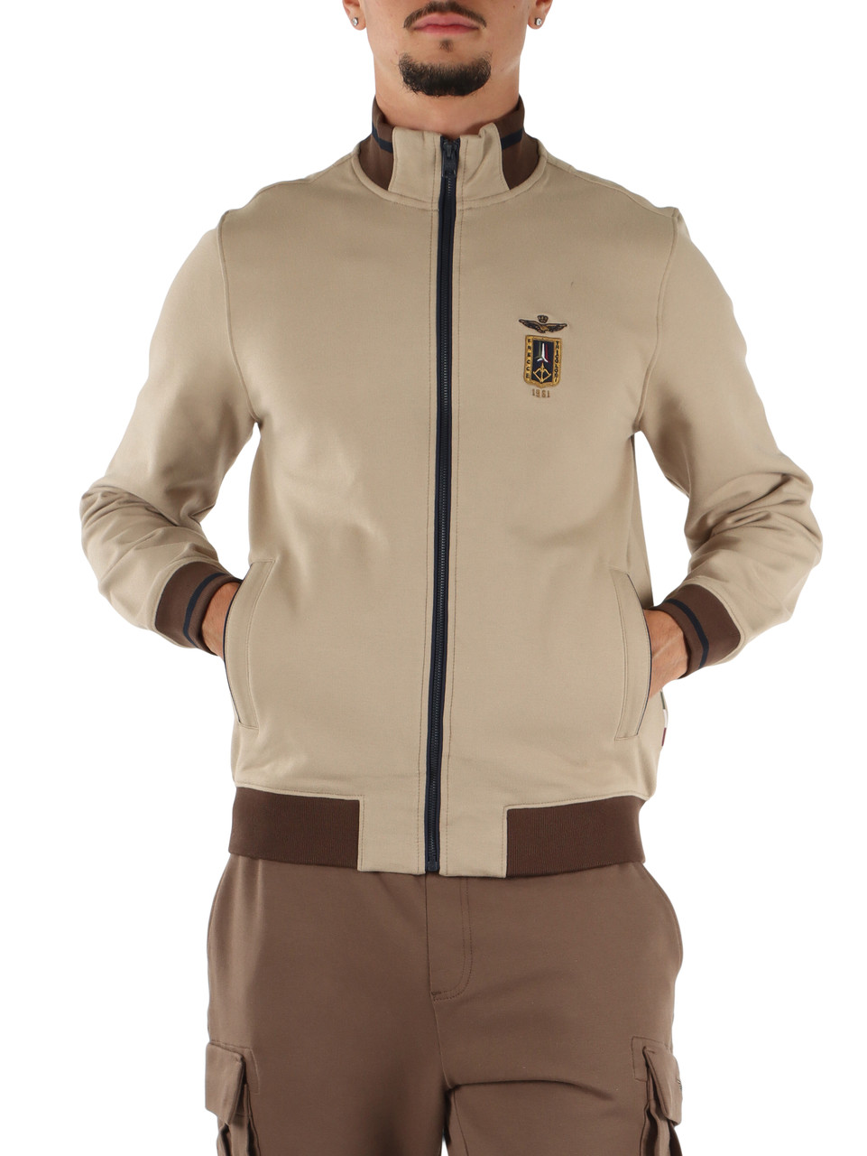 BEIGE | Regular Fit Sweatshirt mit Reißverschluss und Logo-Stickerei