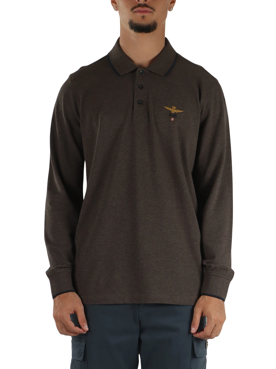 MARRONE | Polo manica lunga regular fit in cotone piquet