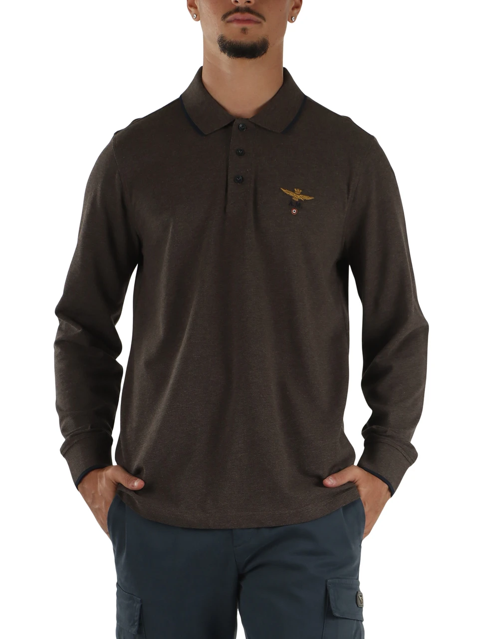 MARRONE | Polo manica lunga regular fit in cotone piquet