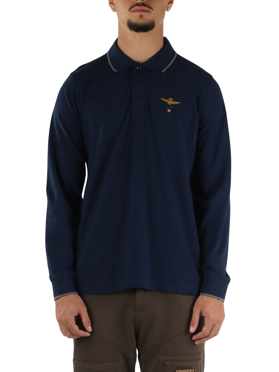 Dunkelblau | Langarm-Poloshirt Regular Fit aus Piqué-Baumwolle