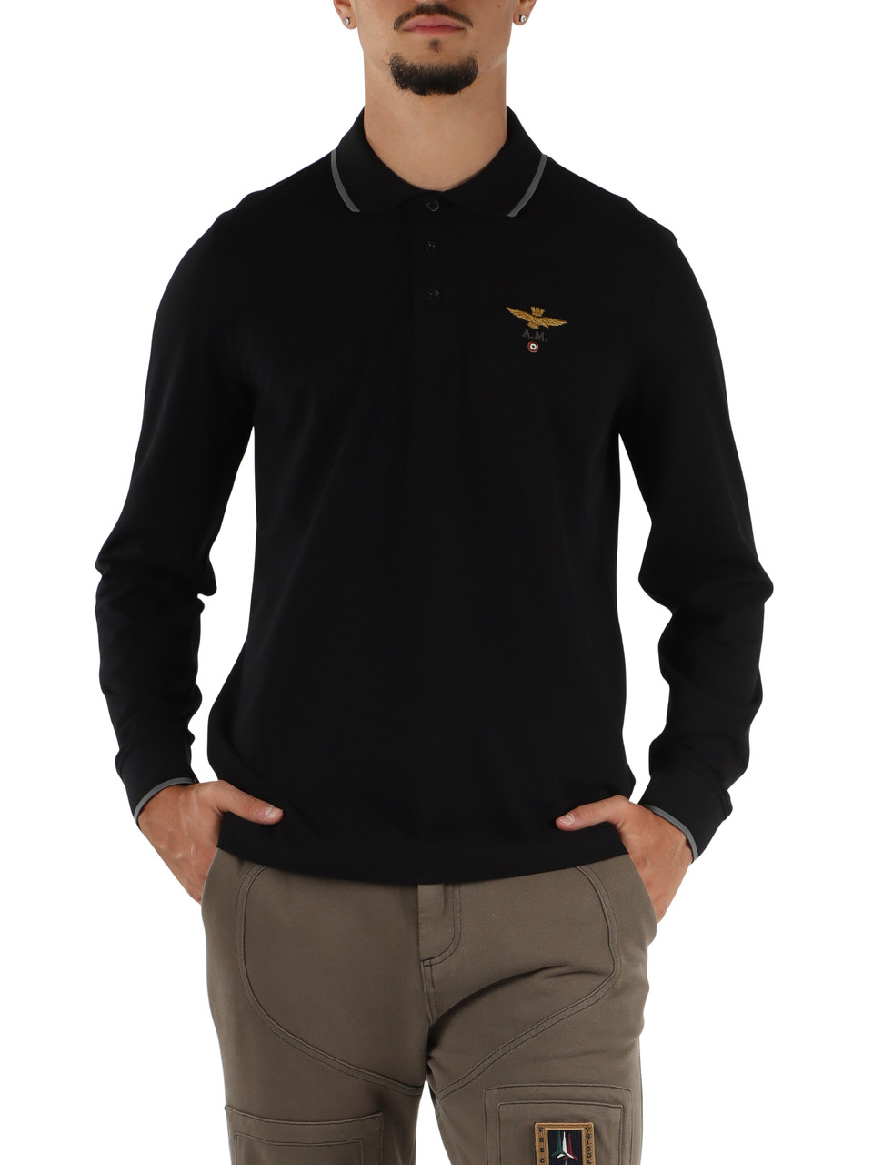 SCHWARZ | Langarm-Poloshirt Regular Fit aus Piqué-Baumwolle